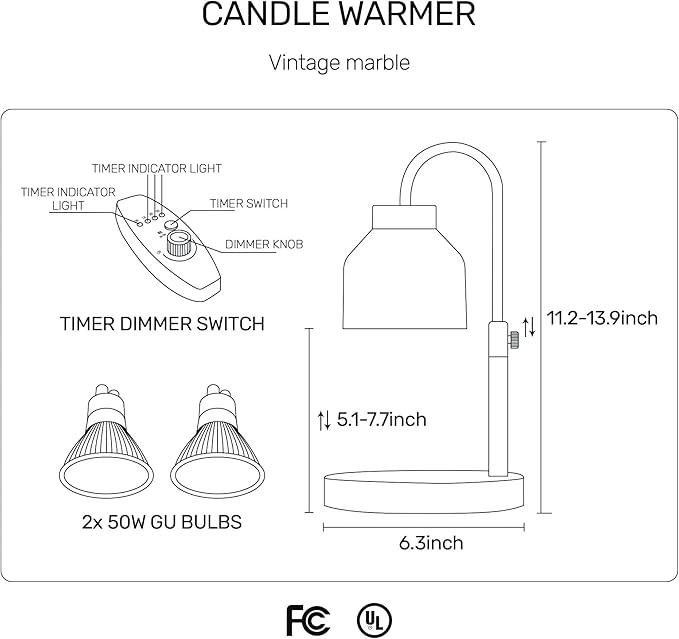 Candle Warmer Lamp with 2 Bulbs, Timer & Dimmer, Height Adjustable Electric Wax Warmer Lamp, Compatible for Jar Candle, Metal Top, Marble Base