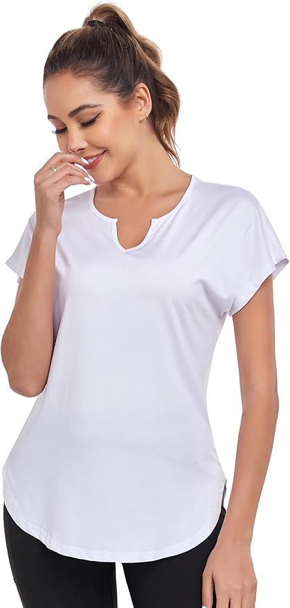 Women's Short Sleeve Workout Shirts V Neck Exercise Yoga Basic Top Quick Dry Side Split
