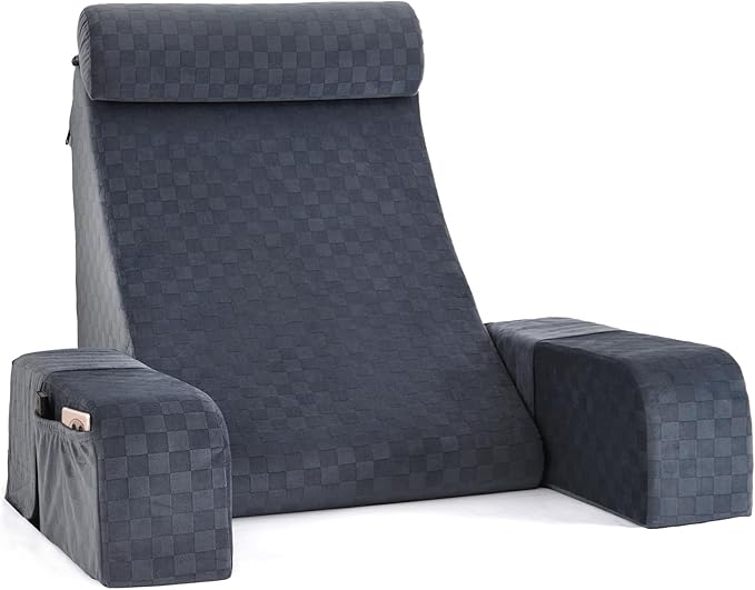 Vekkia Large Reading Pillow with Adjustable Arms & Headrest – Wide Backrest Cushion for Adults with Extra-Large Pockets for Reading, TV, Gaming & Work, Recovery on Bed & Floor, 21"(Grace Grey)