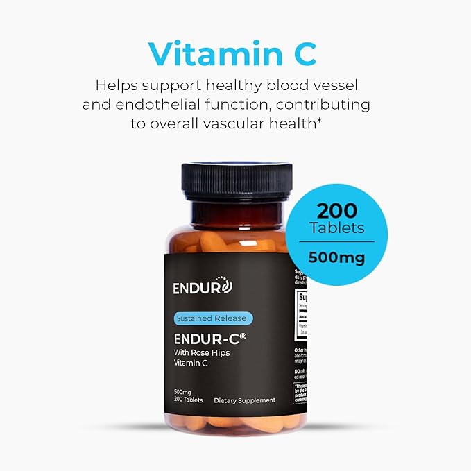 Endur ENDUR-C Vitamin C with Rose HIPS, Supports Collagen Production, Antioxidant Protection & Gentle Digestion, Gluten Free, 500mg (200 Tablets)