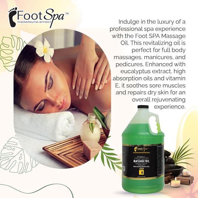 Foot SPA - Massage Oil, Eucalyptus Extract, 128 Oz - Professional Full Body Massage Therapy, Manicure, Pedicure - Relax Sore Muscles and Repair Dry Skin, Enhanced with High Absorption Oils, Vitamin E
