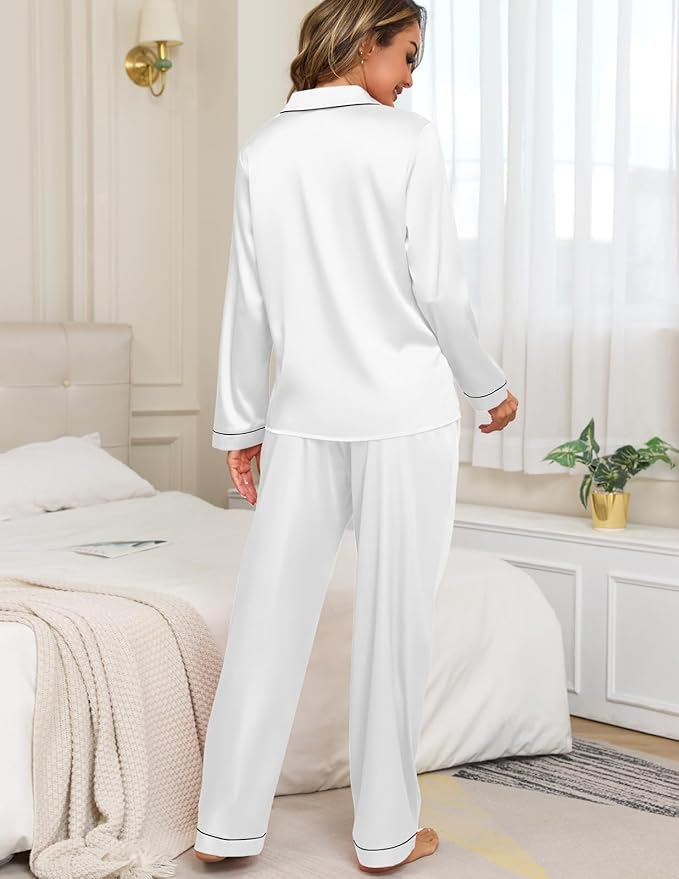 Veseacky Womens Satin Pajama Set Silk Pjs Button Down Long Sleeve Sleepwear Loungewear Sleepwear 2 Piece Pjs Set S-XXL