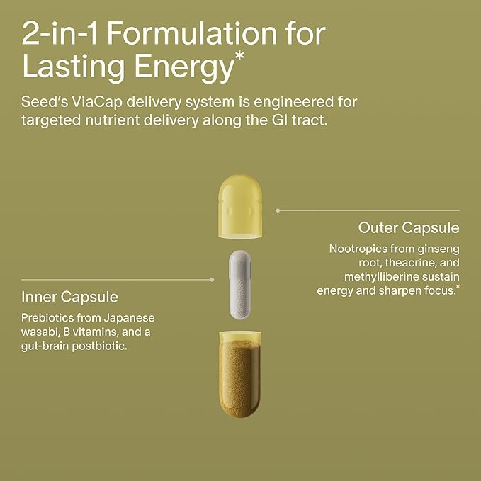 Seed AM-02 Energy + Focus - Daily Nootropic Supplement for Women & Men - Fast-Acting & Sustained Energy for Up to 6 Hours - Caffeine-Free Vegan & Shelf-Stable - 30 Capsules (30-Day Supply)