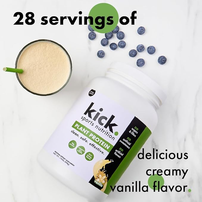 Kick Plant Protein Powder, Vanilla Flavor, 20 G Protein, Gluten Free Workout Supplement with Aminos Acids to Support Fitness Goals & Gut Health, No Sugar, No Artificial Flavors, 28 Servings