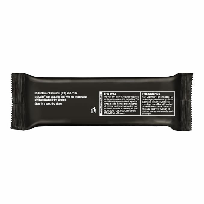 MUSASHI High Protein Bar, 45g Protein, 2g Total Sugars, White Chocolate Caramel, Post Workout and Protein Snack On The Go, 12 Pack of 3.2oz (90g) Bars