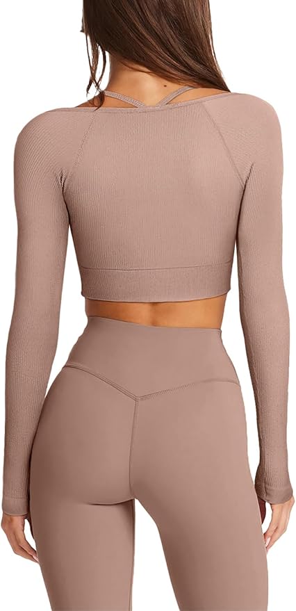 LASLULU Womens Sexy Square Neck Crop Top Ribbed Seamless Long Sleeve Workout Tops Halter Neck Athletic Yoga