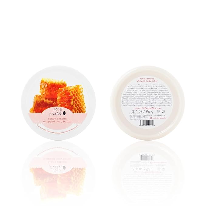 100% PURE Honey Almond Whipped Body Butter, Body Lotion for Dry Skin, Made with Shea Butter, Cocoa Butter, Moisturizing Body Cream, Natural Lotion - 3.4 oz