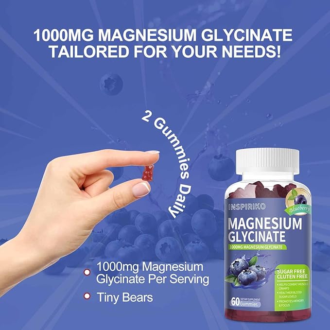 Magnesium Glycinate Gummies 1000mg - Sugar-Free Magnesium Potassium Supplement with Vitamin D, B6, CoQ10 for Adults & Kids,High Absorption for Calm Mood & Sleep Support - 60 Blueberry Gummies