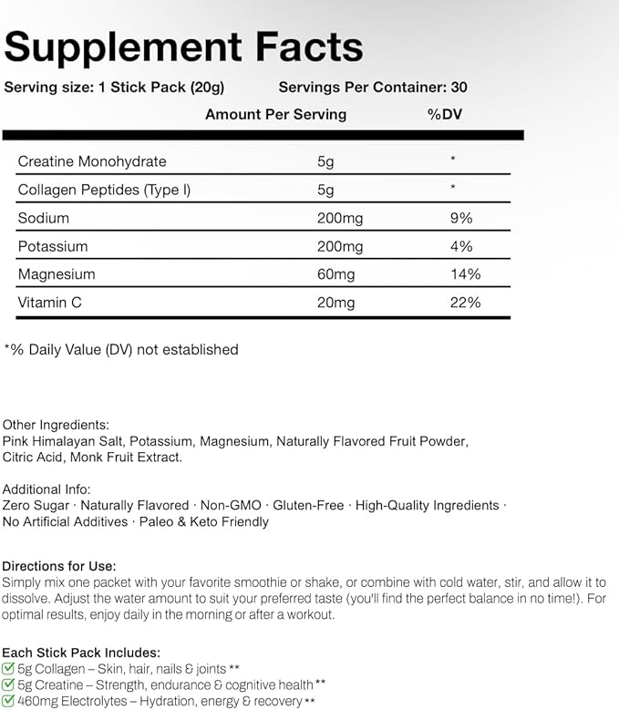 Daily Trifecta 3-in-1 Collagen, Creatine & Electrolyte Stick Packs | Type I Collagen, Creatine Monohydrate, Zero Sugar | 30 Natural Single-Serve Packets | Strength, Hydration & Recovery (Mango)