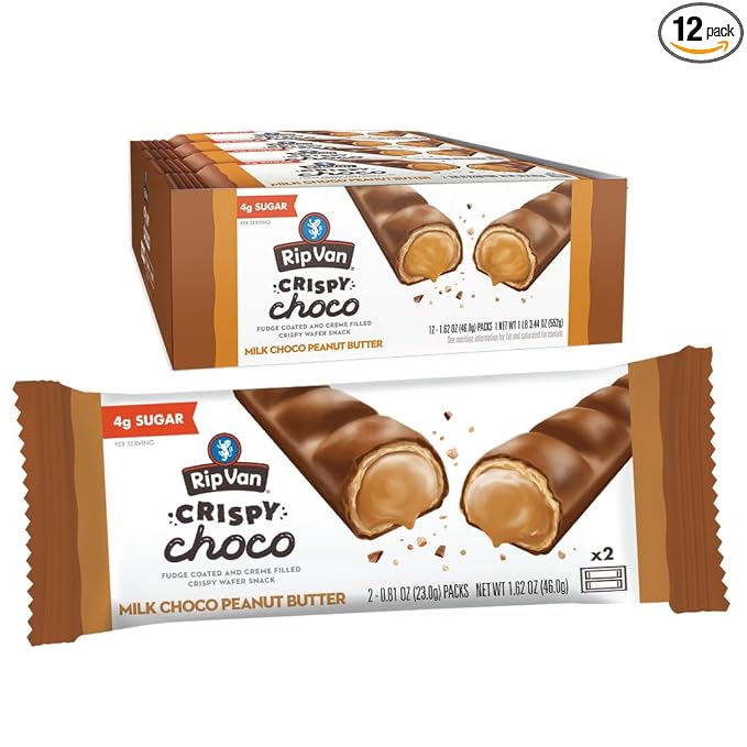 Rip Van Crispy Choco - Chocolate Coated Peanut Butter Wafer Bars - Low Sugar Fudge and Peanut Butter Cream Filled Snack - 12 Pack
