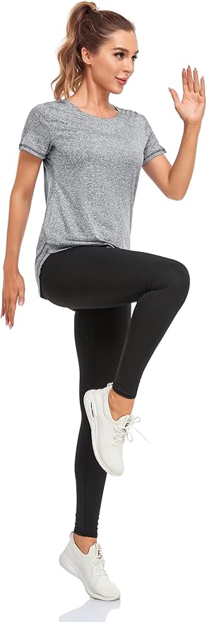 Women's Short Sleeve Workout Shirts Crewneck Sports Yoga Running Dry Fit Tops Side Split Tee