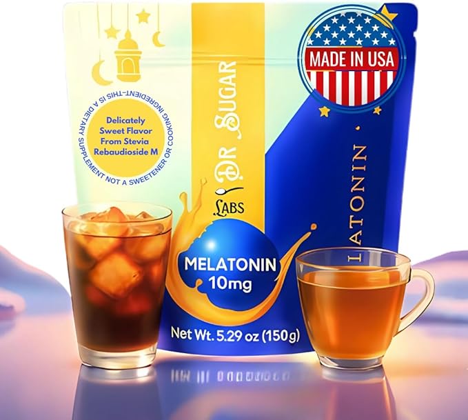 Dr Sugar Labs โ Sleep Aid Melatonin Powder Made in USA | Enjoy in Warm Milk or Herbal Tea | 10mg Melatonin Sleep Supplement | 0 Sugar, Stevia-Sweetened with L-Theanine, GABA & Fiber | 30 Servings