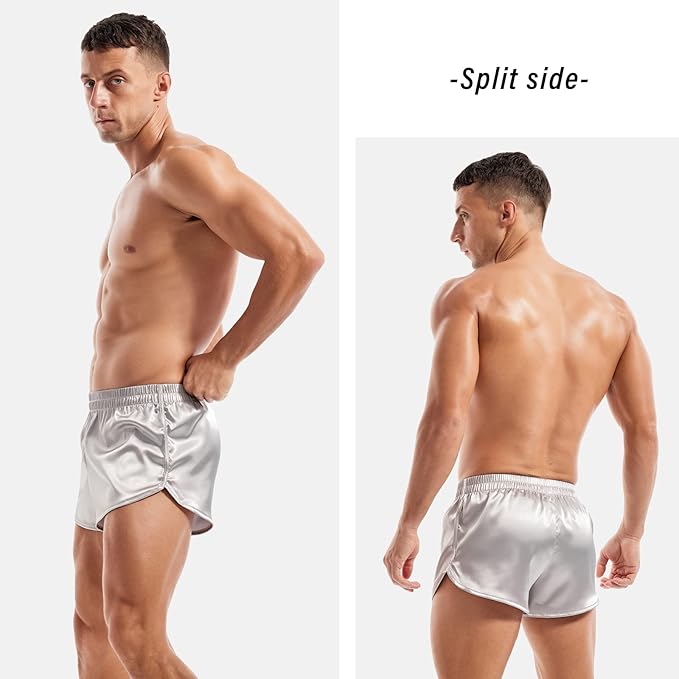 AMY COULEE Mens Satin Shorts Silk Boxers Sexy Split Side Lounge Shorts 3 Inch Pajama bottoms