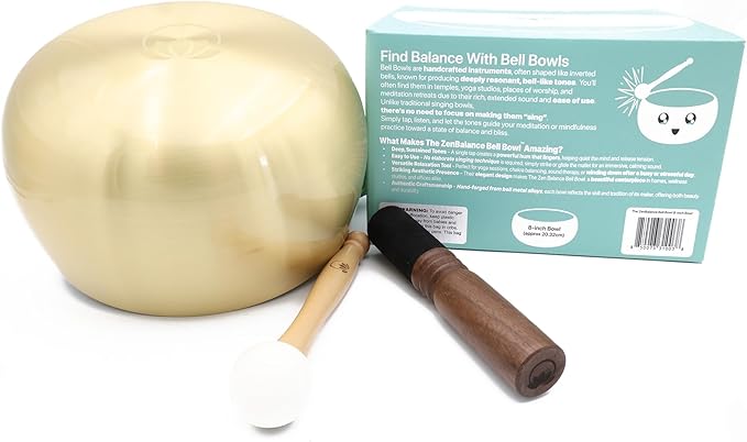 Tibetan Bell Bowl Set – 8-Inch Meditation Gong with Low Deep Singing Bowl Chime & High Vibrations - Tap to relax, Sound Healing with 2 Mallets & 1 Cushion, ZenBalance Bowl - Lotus Edition by CircleUp