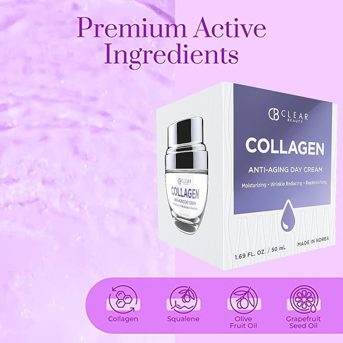 Clear Beauty Collagen Daily Face Moisturizer - Dermatologist Tested, Reduces Wrinkles, Fine Lines, Hydrating, Anti-Aging, Clean Beauty, Cruelty-Free Korean Skin Care - All Skin Types - 1.69 oz