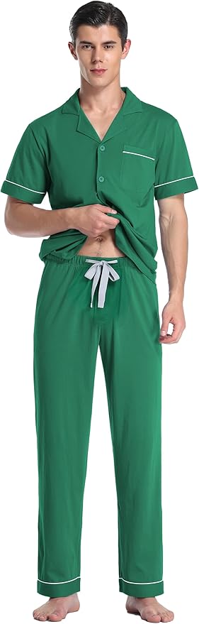 COLORFULLEAF Men's 100% Cotton Pajamas Set Button Down Sleepwear Short Sleeve and Long Pants Pjs