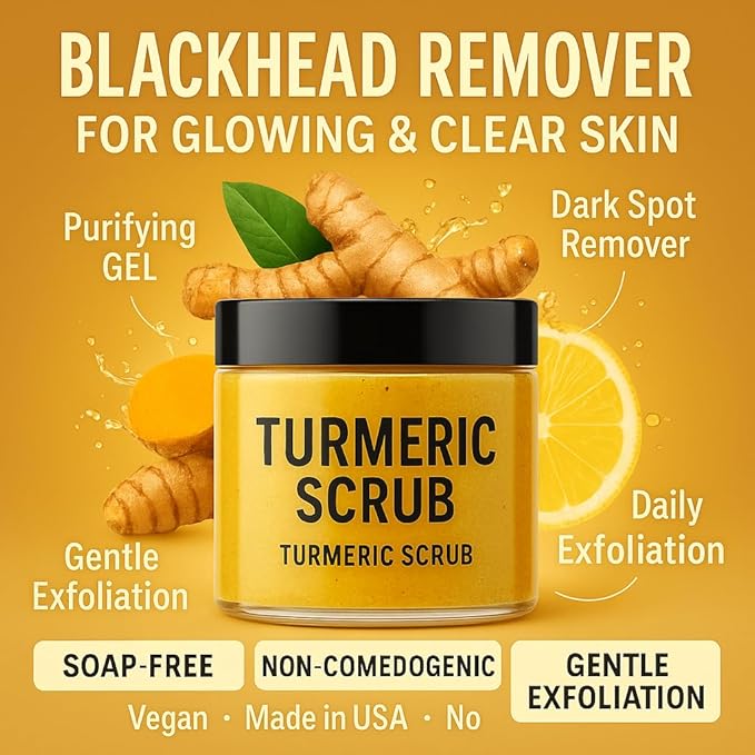 Vitamin C & Turmeric Body Scrub, Natural Face Exfoliator, Himalayan Salt with Coconut Oil, Jojoba Oil, Aloe Vera, Vitamin E, Cane Sugar