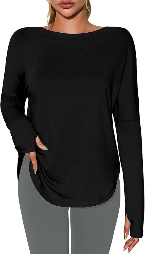 Tankaneo Womens Open Back Workout Shirts Casual Long Sleeve Boat Neck Tops Athletic Gym Yoga Tees with Thumb Holes