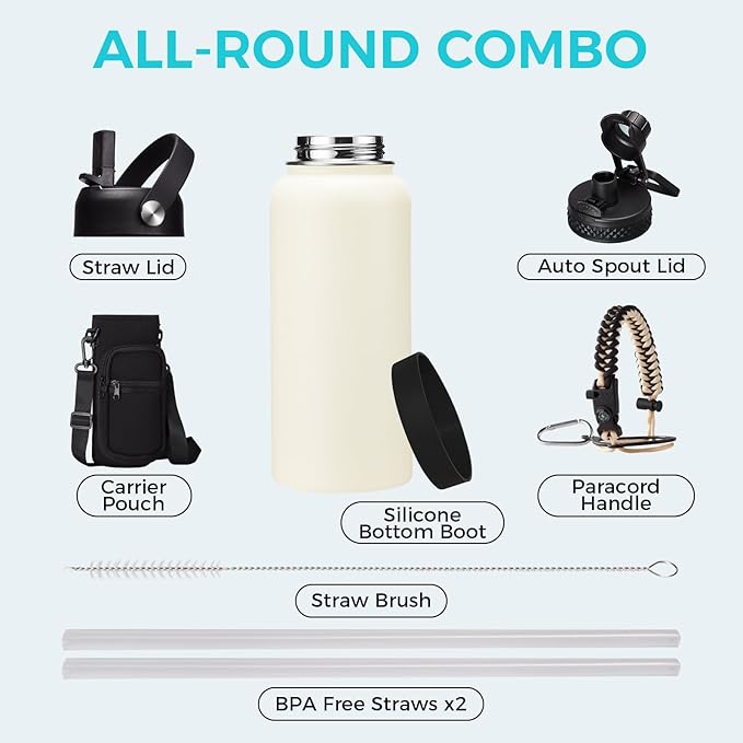 32 oz Insulated Water Bottle with Straw - Chug Lid, (Cold 48h, Hot 24h) Stainless Steel Flask with Paracord Handle, Storage Pouch with Strap, Metal Thermo for School Travel Sports Gym Women