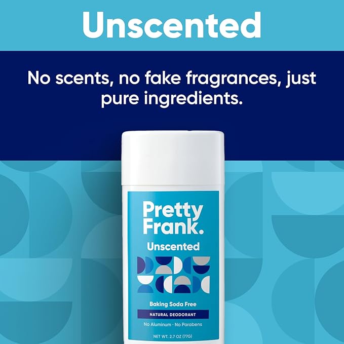 Pretty Frank Natural Aluminum-Free Deodorant Stick, Baking Soda-Free, Unscented (1-Pack) | Sensitive Skin Friendly, Effective Odor Control for Women & Men, Organic Ingredients, No Added Fragrance