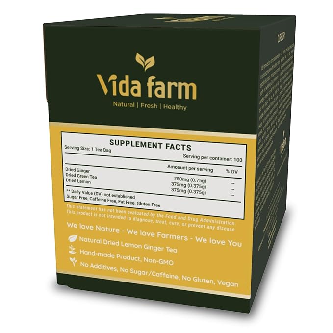 VIDA FARM 100 Lemon Ginger Tea Bags, 100% Natural Ingredients - Warming & Spicy Blend, Caffeine Free, Sugar Free, Non-GMO, Lemon & Ginger Herbal Tea Beverage