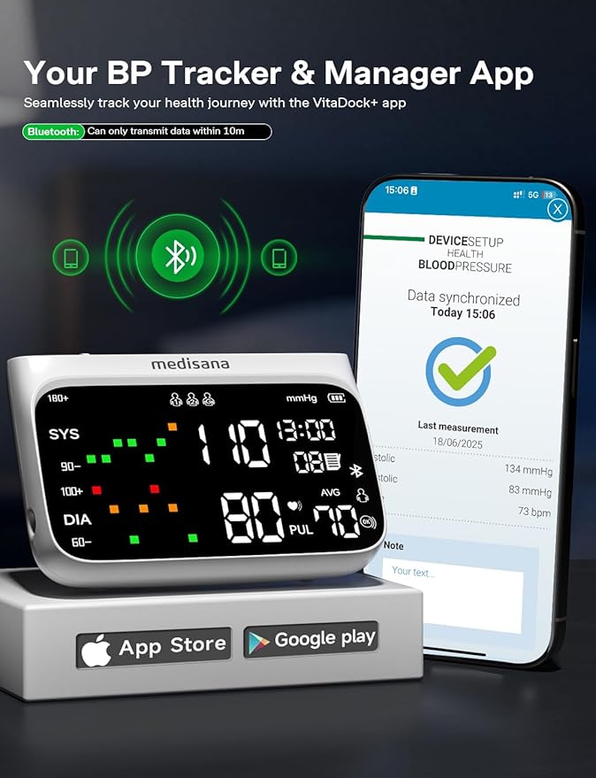 Medisana Cordless Arm Blood Pressure Monitor, Bluetooth Smart Blood Pressure Monitors for Home Use with App Tracking, Blood Pressure Machine with LED Color Dual-Display, Extra-Large Adult Cuff