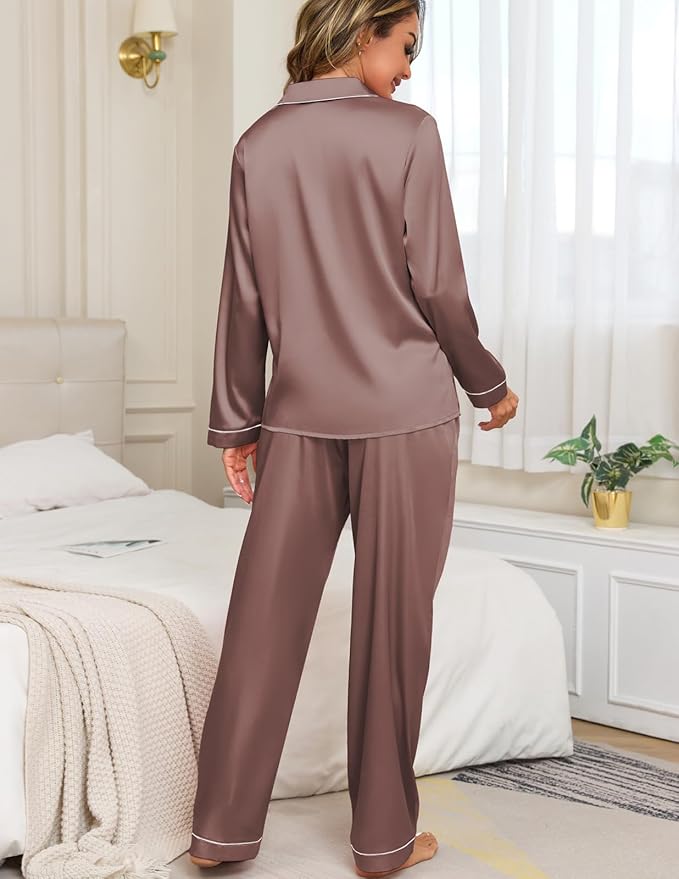 Veseacky Womens Satin Pajama Set Silk Pjs Button Down Long Sleeve Sleepwear Loungewear Sleepwear 2 Piece Pjs Set S-XXL