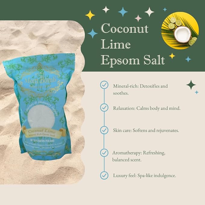 Mom Bomb Coconut Lime Epsom Salt Bath Soak – Natural Magnesium Salt with Essential Oils – Relaxing Aromatherapy for Stress Relief, Muscle & Foot Soak – Made in USA, 48 Ounce