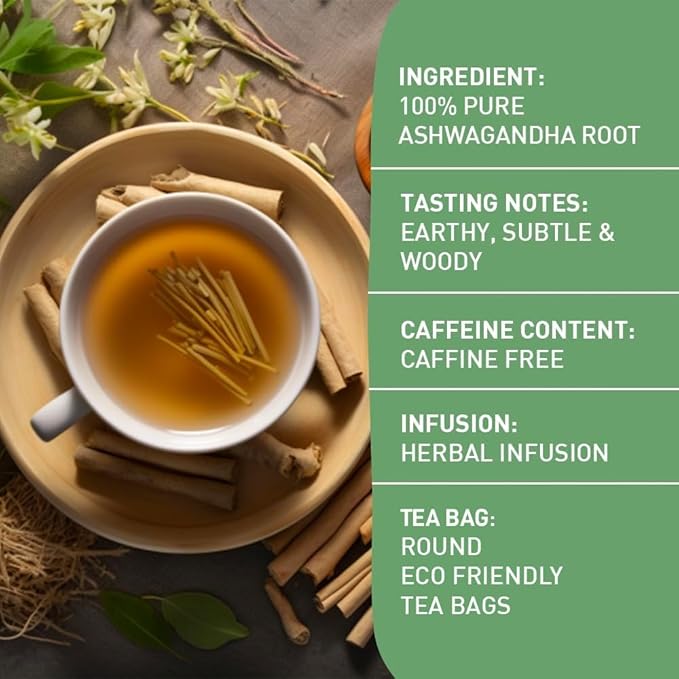 HANDPICK, Ashwagandha Root Tea (100 tea Bags) - Herbal Supplement - For Health & Wellbeing | Caffeine Free, Gluten Free | Packed in Ecofriendly Tea Bags