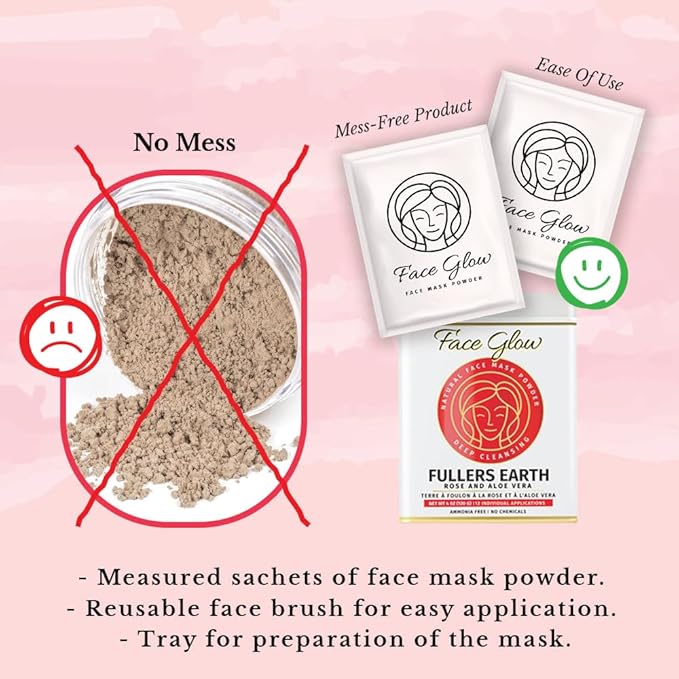 Face Glow- Fuller’s Earth w/Rose & Aloe Vera- 12 Individual Sachets of Multani Mitti (10 gm each)- Reusable Brush & Tray Included- Timeless Radiance- Face Mask for Healthy Looking Skin- Chemical Free