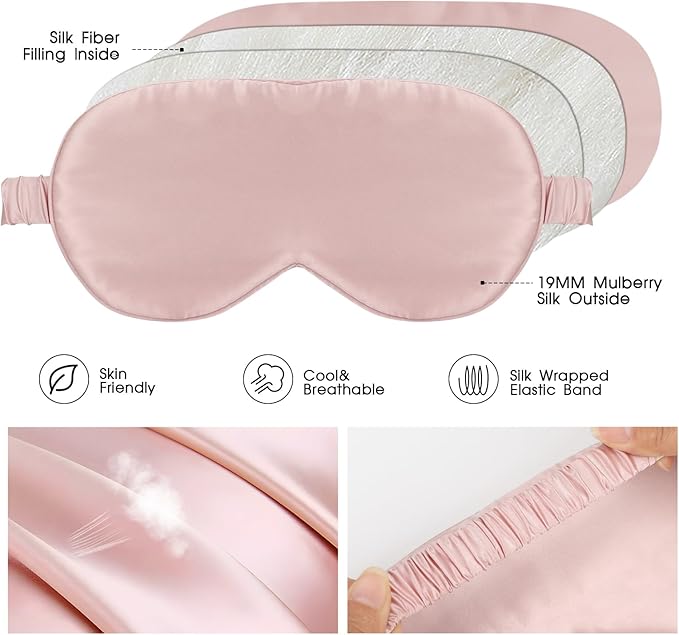 Silk Eye Mask for Sleep for Women/Men/Adults Blackout 100% Mulberry Silk Sleeping Mask for Travel/Plane/Side Sleeper with Elastic Strap,Pink
