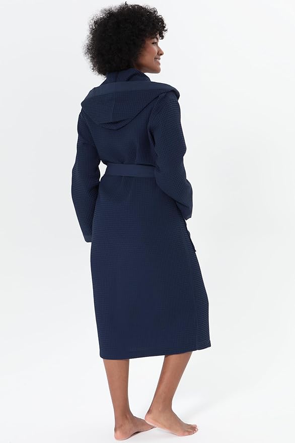 SEYANTE Womenโs Luxury Waffle Shawl Collar, Hooded Robe w Piping โ Lightweight, Long, Ultra Soft Spa Sleepwear Bathrobe
