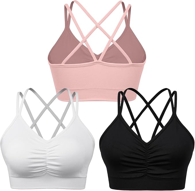 Women's Cross Back Sports Bra Padded Strappy Medium Support Yoga Bra for Workout Fitness 3 Pack