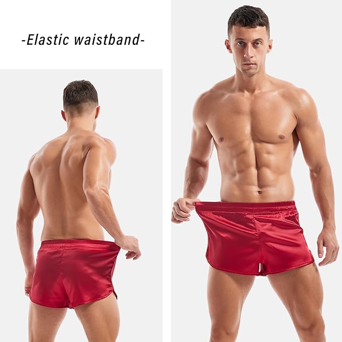 AMY COULEE Mens Satin Shorts Silk Boxers Sexy Split Side Lounge Shorts 3 Inch Pajama bottoms