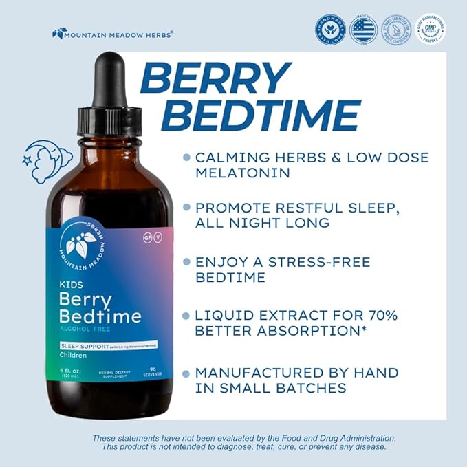 Mountain Meadow Herbs Berry Bedtime – Kids Sleep Support Drops with Melatonin, Chamomile, Lemon Balm & Passionflower - Natural Sleep Aid for Children – 4 oz