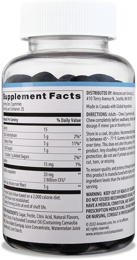 Amazon Basics Prebiotic & Probiotic Gummies, 2 Billion CFU, Blue Raspberry, 50 Count (2 per Serving) (Previously Solimo)