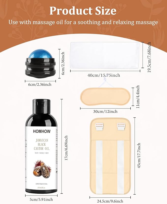 Castor Oil Pack Wrap & Organic Castor Oil (8fl.oz/237ml), Caster Oil Wrap with Roller Ball, Reusable Caster Oil Packs for Neck, Stomach and Entire Body