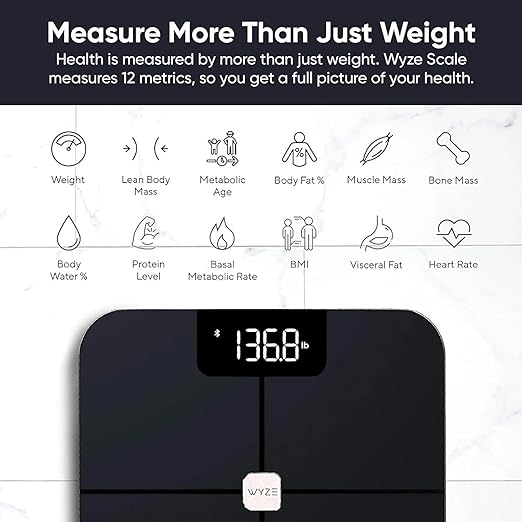 Wyze Smart Scale, Scale for Body Weight, Digital Bathroom Scale for Body Fat, BMI, and Heart Rate, Body Composition Analyzer with App, Batteries Included, Bluetooth, 400 lb, Black-New
