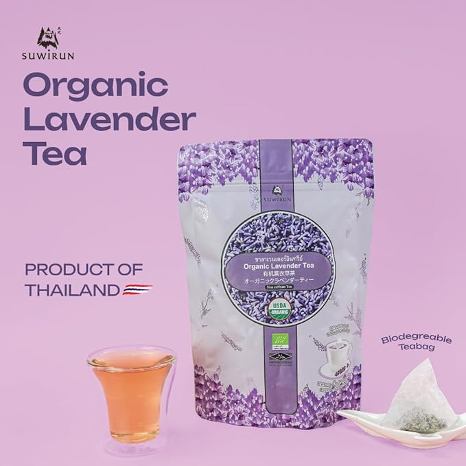 Suwirun Organic Lavender Tea 25 Bags โ 100% Lavender Flowers โ Aromatic & Calming, Caffeine-Free โ Supports Stress Relief, Relaxation & Better Sleep