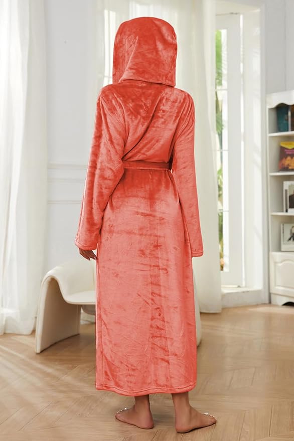 HEARTNICE Womens Long Hooded Robe, Soft Warm Fleece Bathrobes Full Length Plush House Coat