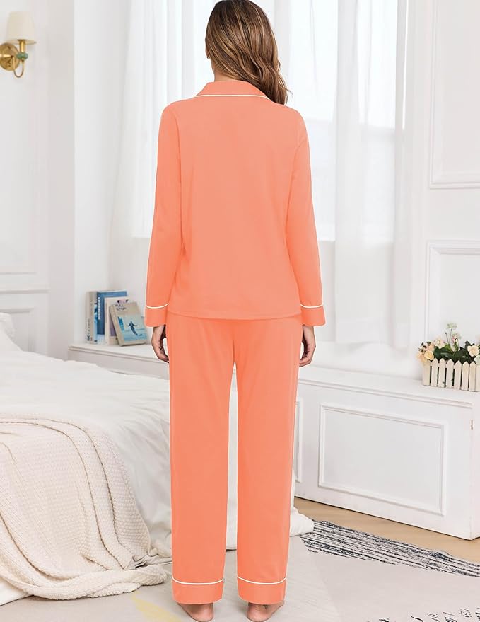 Veseacky 100% Cotton Pajamas for Women Set Long Sleeve Button Down Sleepwear Soft Pjs Lounge Sets with Pockets S-XXL