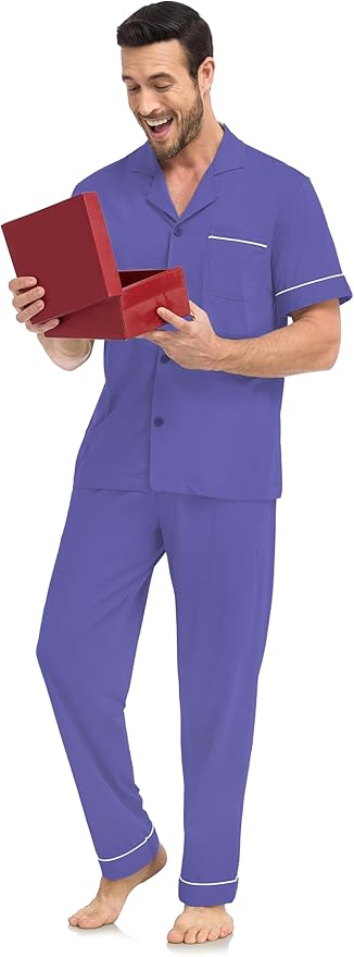 COLORFULLEAF Men's 100% Cotton Pajamas Set Button Down Sleepwear Short Sleeve and Long Pants Pjs