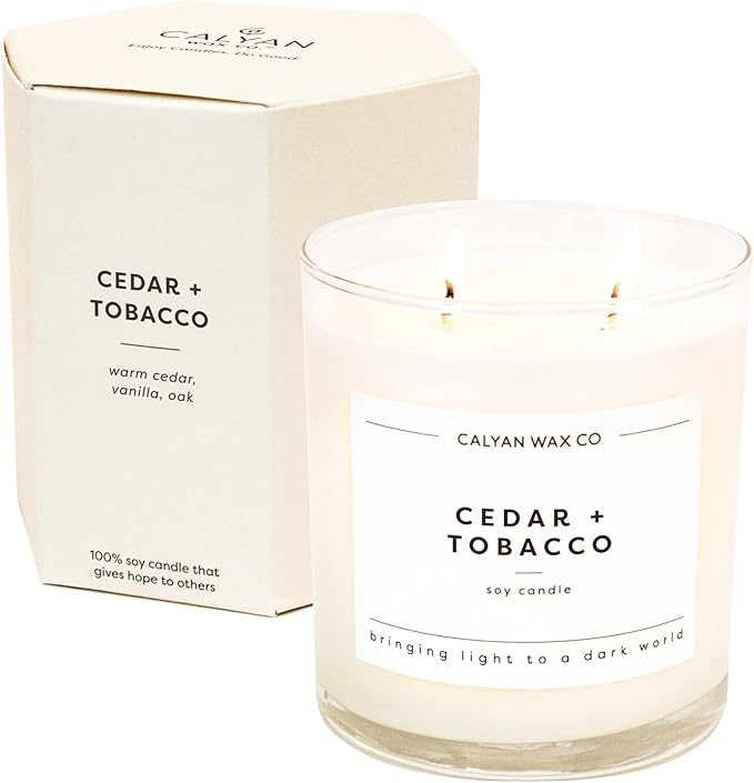Calyan Wax Co. 2 Wick Candle, Cedar + Tobacco Scented Candle, 37 Hour Burn Time, Aromatherapy Soy Candles, Non Toxic & Vegan Soy Wax, Glass Tumbler Scented Candles, 8.8oz