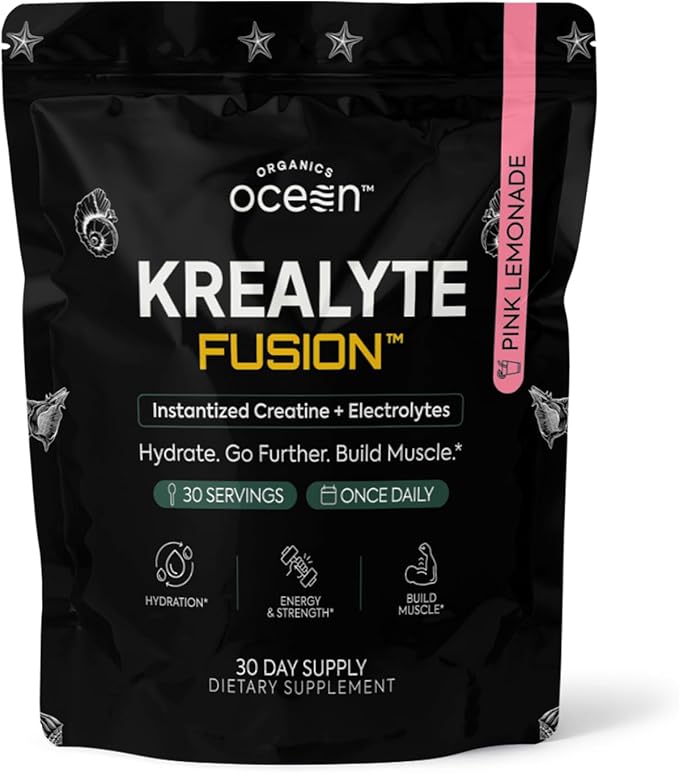 Organics Ocean Krealyte Fusion - Instantized Creatine Monohydrate Powder with Electrolytes - Muscle Strength, Endurance & Hydration Support - Vegan, Sugar-Free, Pink Lemonade Flavor - 30 Servings