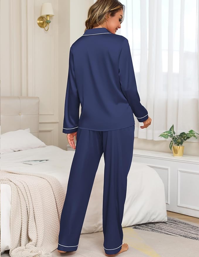 Veseacky Womens Satin Pajama Set Silk Pjs Button Down Long Sleeve Sleepwear Loungewear Sleepwear 2 Piece Pjs Set S-XXL