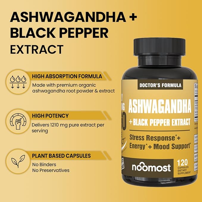 NooMost Ashwagandha 1200mg Supplement | 10% Withanolides with Black Pepper Extract | Pure Root Extract for Stress Relief, Promotes Energy, Mood, Helathy Sleep for Men & Women | 120 Capsules