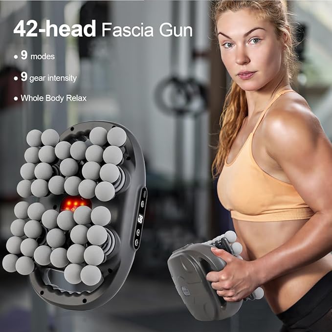 Massage Gun, 42 Head Foot Back Neck Shoulder Massager with 9 Adjustable Multi-Modes & Intensities, Fascia Gun for Athletes, Birthday Gifts for Men