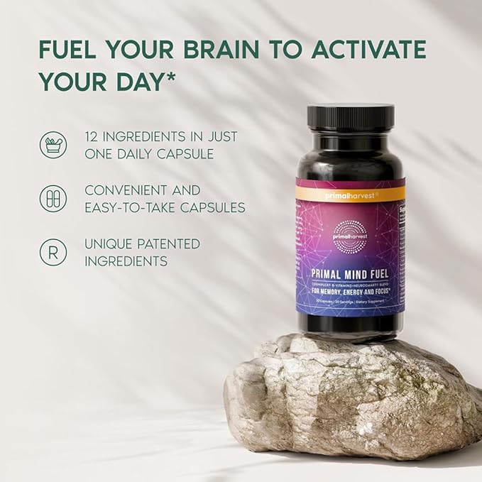 2 Pack, Primal Mind Fuel Brain Booster for Focus, Energy, Clarity, Memory Brain Health 30 Capsules Nootropics Brain Support Supplement for Men and Women