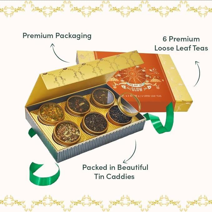 VAHDAM, Glow - Diwali Gifts of Assorted Tea Gift Sets (6 Loose Leaf Tea) Tin Caddy Presentation Box | Gluten Free, Non GMO | Diwali Gifts 2025 for friends and family