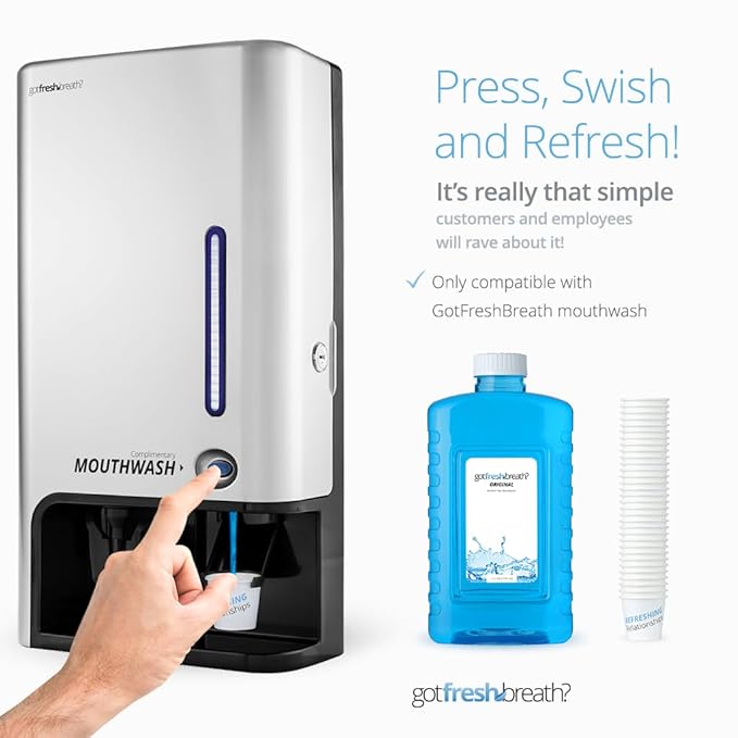GotFreshBreath Manual Mouthwash Dispenser with Cup Holder – Standing or Wall-Mounted, Slim, Commercial Mouthwash Dispenser with 100 Cups & 50 Oz. Alcohol-Free Mouthwash (Nickel)…